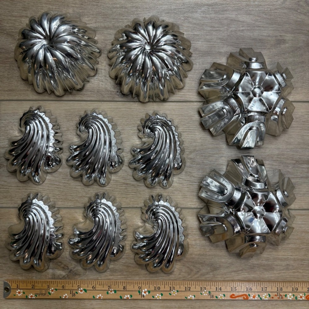 Vintage Bundt Jello Pastry Molds Set 10 Fluted Flower Snowflake Shell Steel